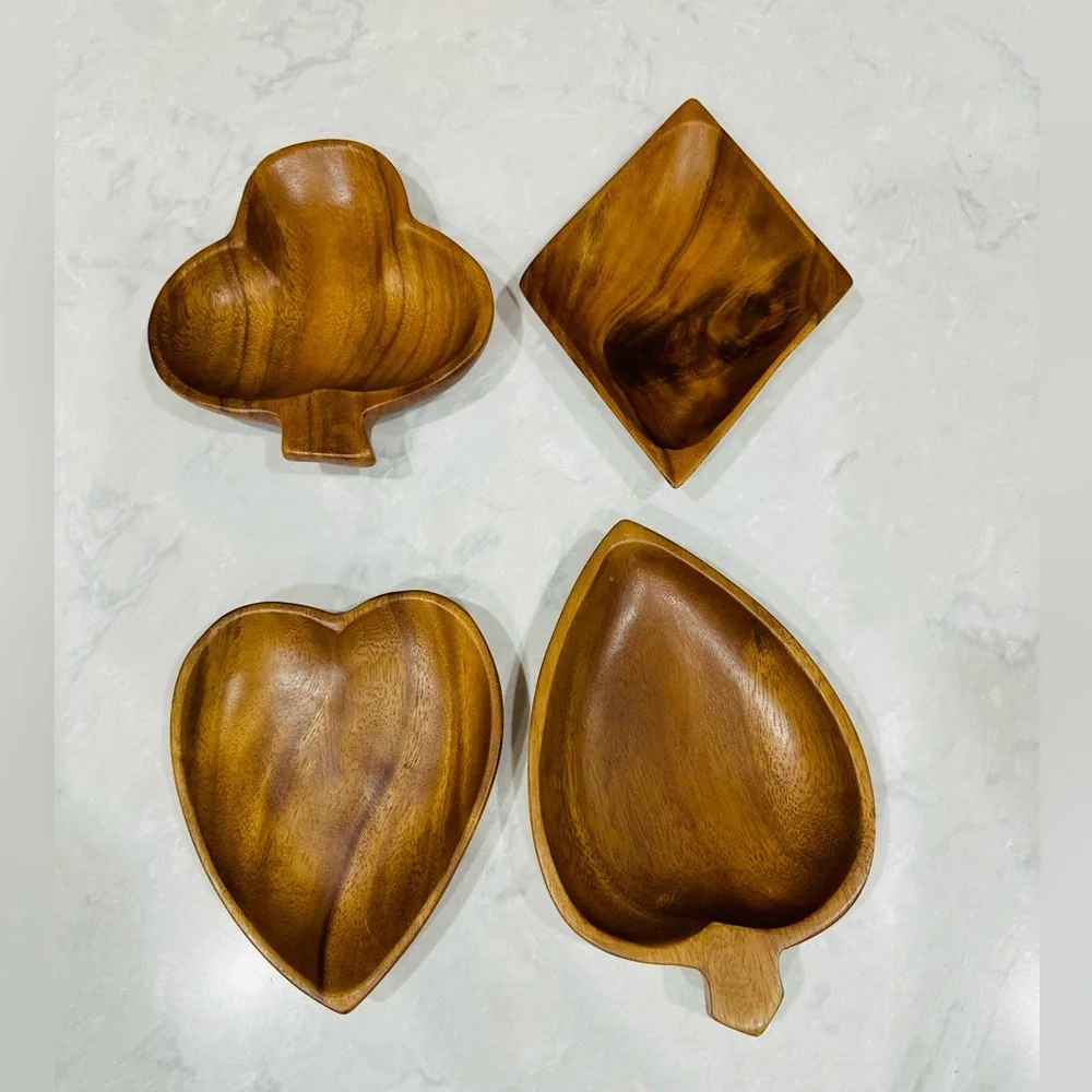 set of 4 vintage monkey pod wood bowls shaped like the suits of a deck of cards